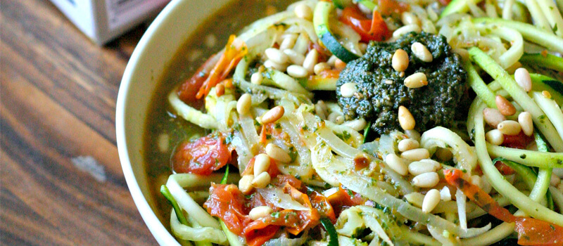 Vegan Zucchini Noodle Soup with Pesto