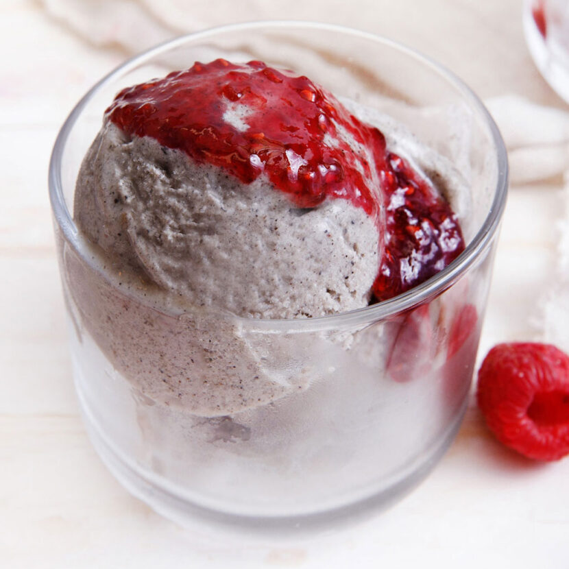 An image of prepared Black Sesame Nice Cream made with black sesame seeds, banana and Pacific Foods® Hemp Original Beverage.