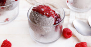 An image of prepared Black Sesame Nice Cream made with black sesame seeds, banana and Pacific Foods® Hemp Original Beverage.