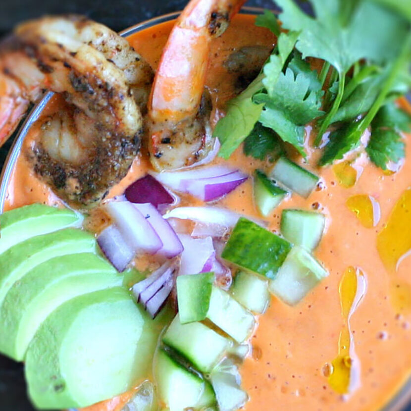 An image of prepared Bone Broth Gazpacho made with tomatoes, Pacific Foods® Unsalted Organic Chicken Bone Broth, cucumber, red onion, jalapeño, bell pepper and cilantro.
