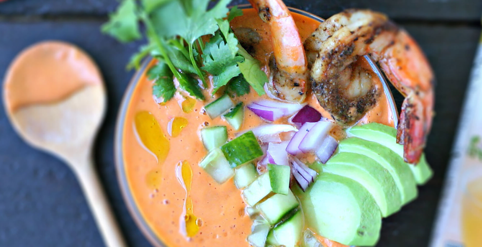An image of prepared Bone Broth Gazpacho made with tomatoes, Pacific Foods® Unsalted Organic Chicken Bone Broth, cucumber, red onion, jalapeño, bell pepper and cilantro.