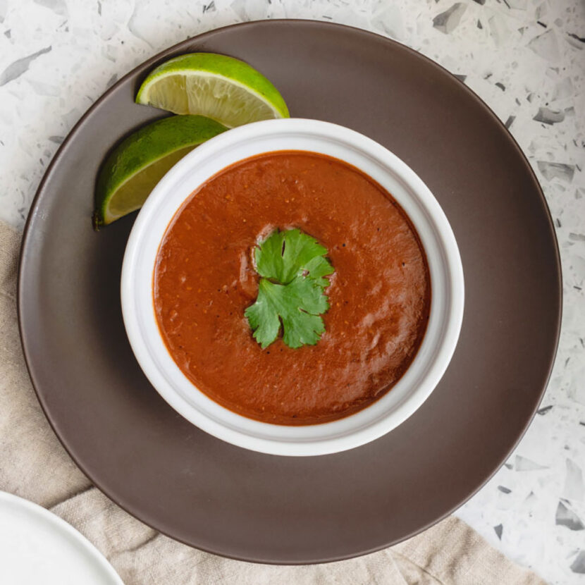 An image of prepared Chipotle Enchilada Sauce made with Pacific Foods® Organic Low Sodium Beef Broth, spices, chipotle peppers in adobo sauce and tomato paste.