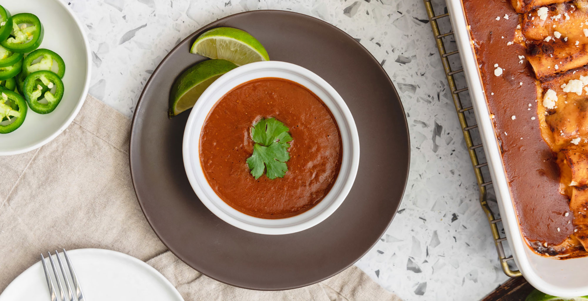 An image of prepared Chipotle Enchilada Sauce made with Pacific Foods® Organic Low Sodium Beef Broth, spices, chipotle peppers in adobo sauce and tomato paste.