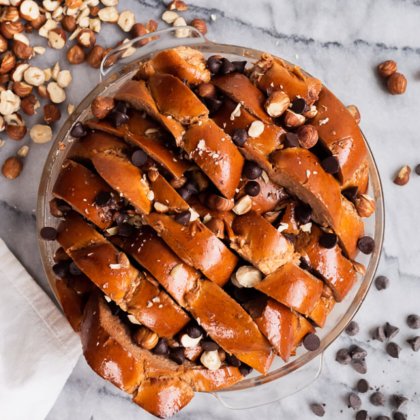 An image of prepared Chocolate Hazelnut French Toast made with Challah bread, cinnamon, eggs, Pacific Foods® Organic Oat Original Beverage, dark chocolate and hazelnuts.