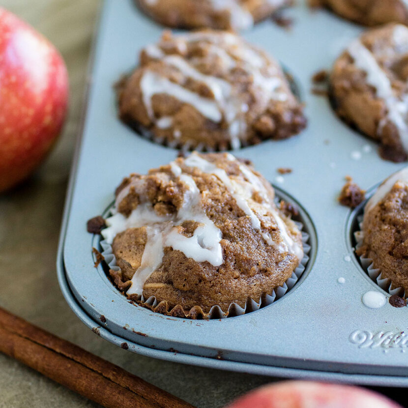 An image of Dairy-Free Apple Cinnamon Muffins made with flour, cinnamon, eggs, Pacific Foods® Organic Almond Original Beverage, apple and brown sugar.