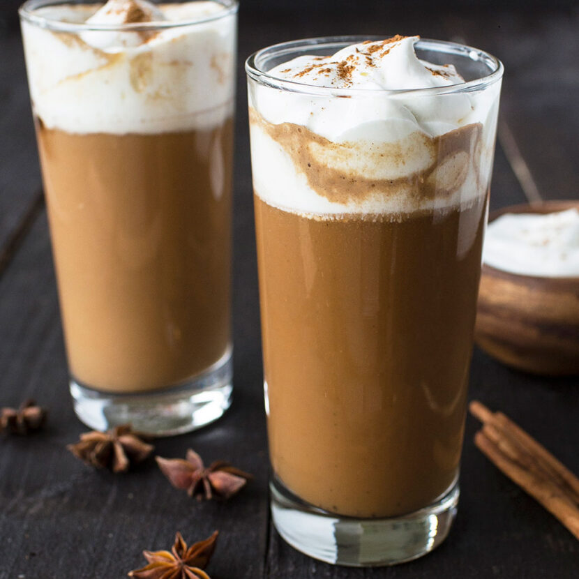 An image of prepared Dairy-Free Chai Latte recipe made with chai spice mix, maple syrup, vanilla, black tea and Pacific Foods® Organic Coconut Original Beverage.