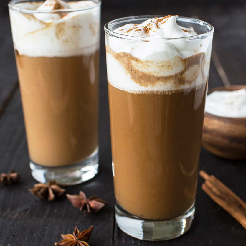 An image of prepared Dairy-Free Chai Latte recipe made with chai spice mix, maple syrup, vanilla, black tea and Pacific Foods® Organic Coconut Original Beverage.