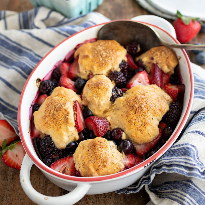 An image of prepared Dairy-Free Berry Cobbler made with mixed berries, rolled oats and Pacific Foods® Organic Oat Original Beverage.