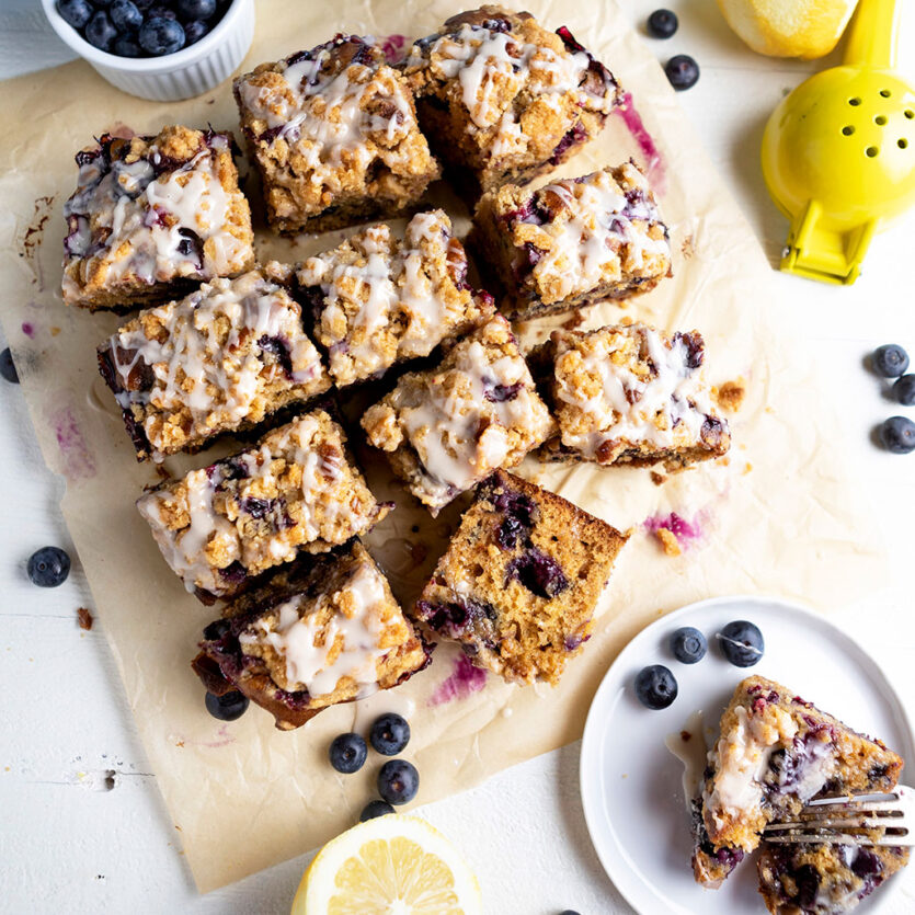 An image of prepared Dairy-Free Blueberry Lemon Streusel Cake made with Pacific Foods® Organic Oat Original Beverage and blueberries.