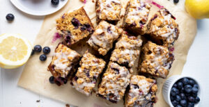 An image of prepared Dairy-Free Blueberry Lemon Streusel Cake made with Pacific Foods® Organic Oat Original Beverage and blueberries.