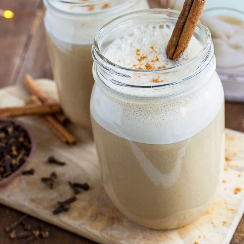 An image of prepared Dairy-Free Eggnog Latte made with Pacific Foods® Organic Oat Milk Beverage, honey, cloves, eggs, cinnamon, vanilla and espresso or coffee.