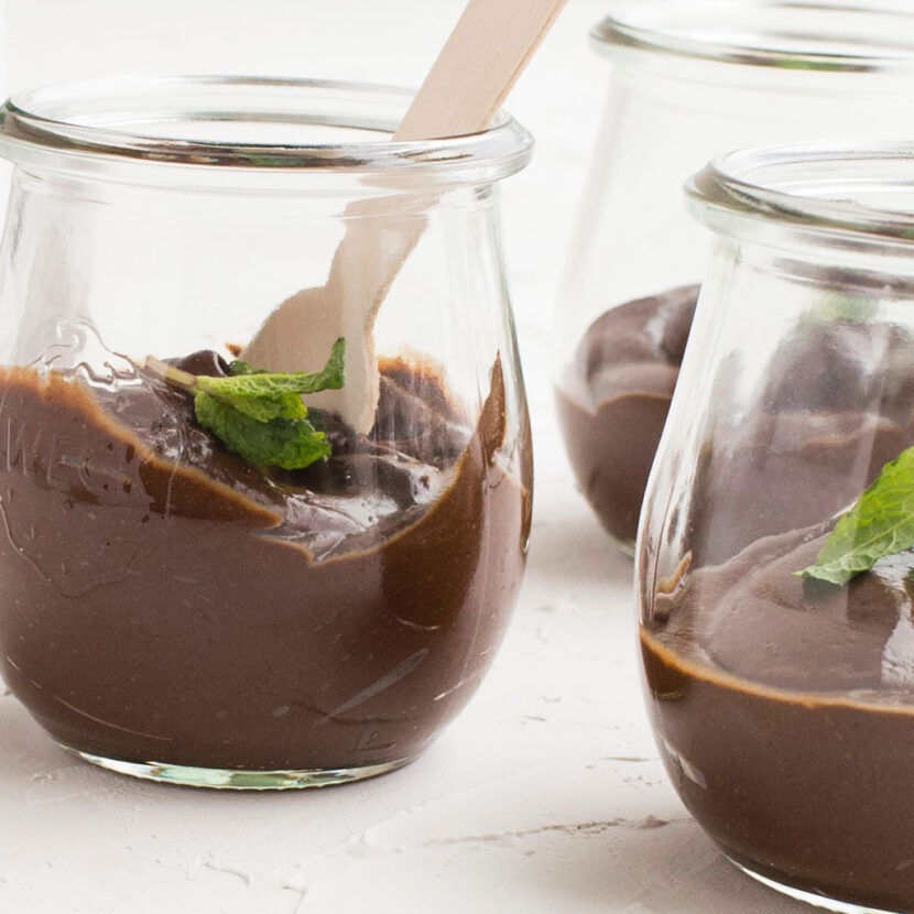 An image of prepared Dairy-Free Mint Chocolate Pudding made with avocado, cocoa powder, coconut sugar, Pacific Foods® Organic Coconut Unsweetened Original Beverage and peppermint extract.