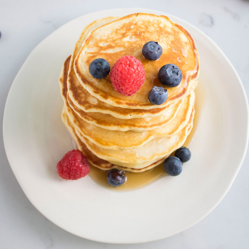 An image of prepared Dairy-Free Pancakes made with flour, Pacific Foods® Hemp Unsweetened Original Beverage and vanilla.
