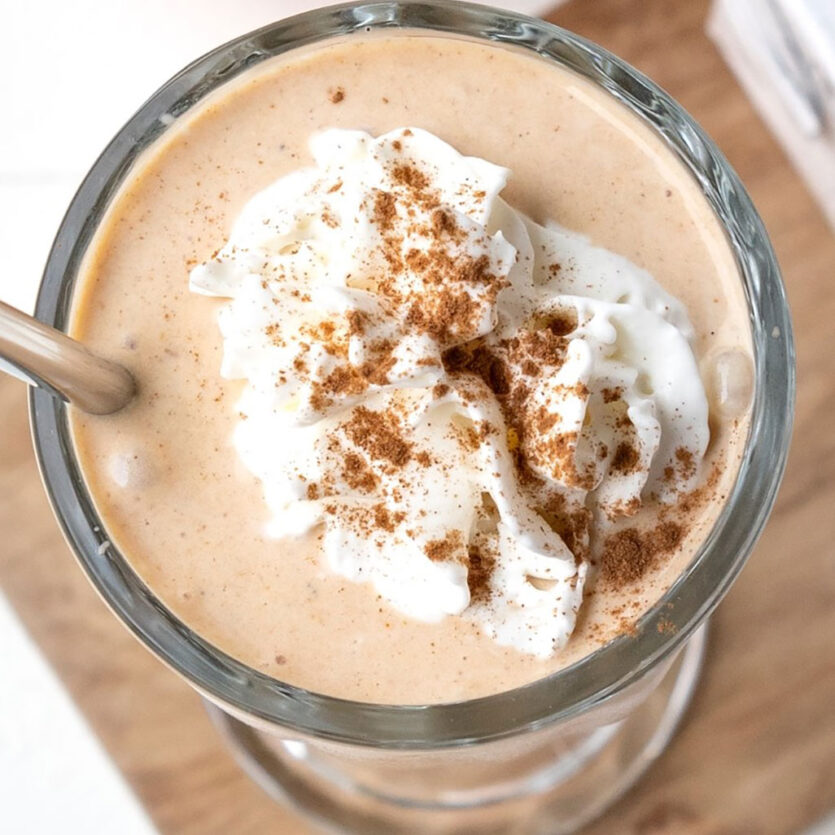 An image of prepared Dairy-Free Pumpkin Pie Shake made with with pumpkin pie, ice cream, Pacific Foods® Hemp Original Beverage and whipped cream.