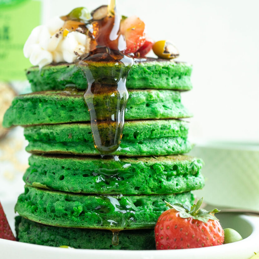 An image of prepared Dairy-Free Sweet Spinach Pancakes made with baby spinach, Pacific Foods® Organic Oat Original Beverage and flour.