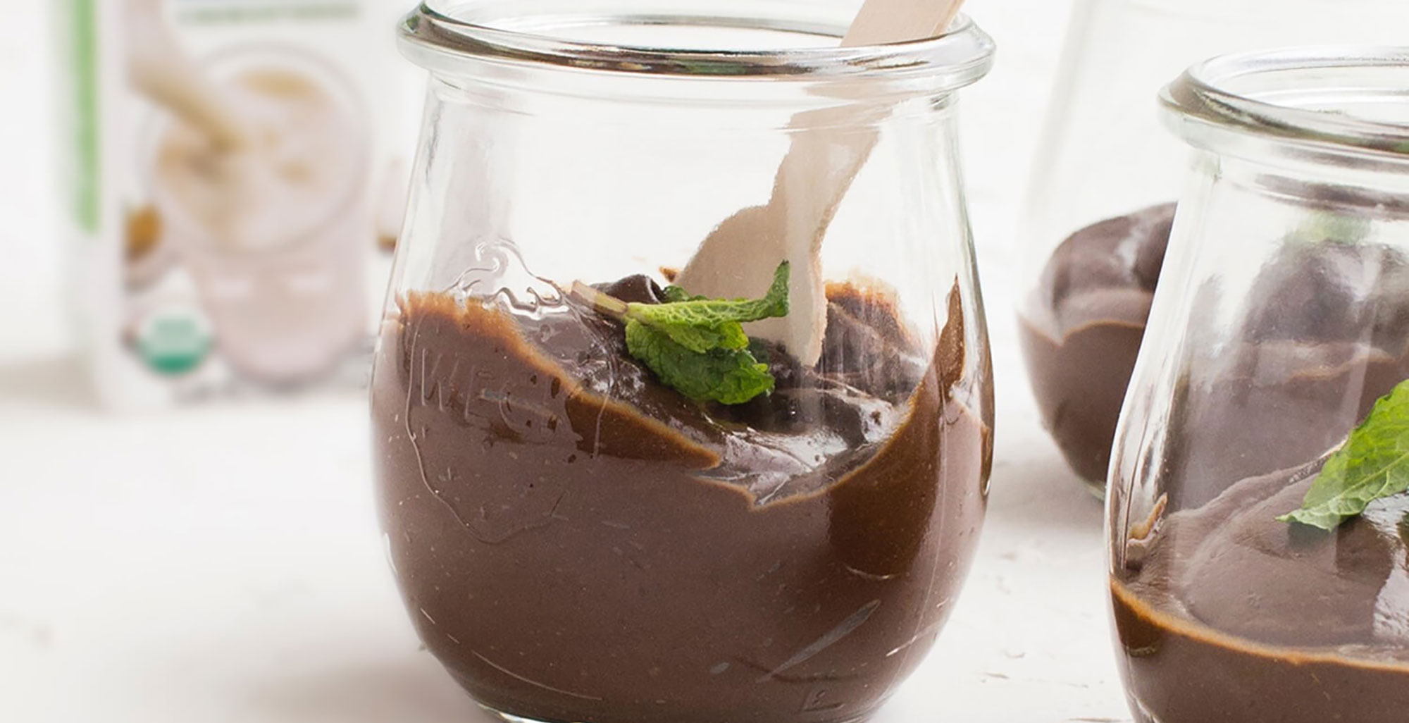 An image of prepared Dairy-Free Mint Chocolate Pudding made with avocado, cocoa powder, coconut sugar, Pacific Foods® Organic Coconut Unsweetened Original Beverage and peppermint extract.