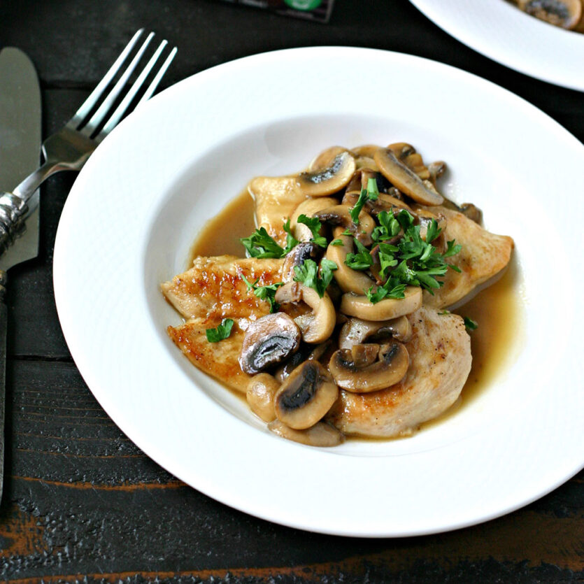 Image of prepared Gluten Free Chicken Marsala made with cassava flour, chicken, mushrooms, Marsala wine and Pacific Foods® Organic Chicken Stock.