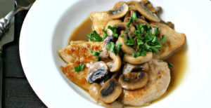 Image of prepared Gluten-Free Chicken Marsala made with cassava flour, chicken, mushrooms, Marsala wine and Pacific Foods® Organic Chicken Stock.