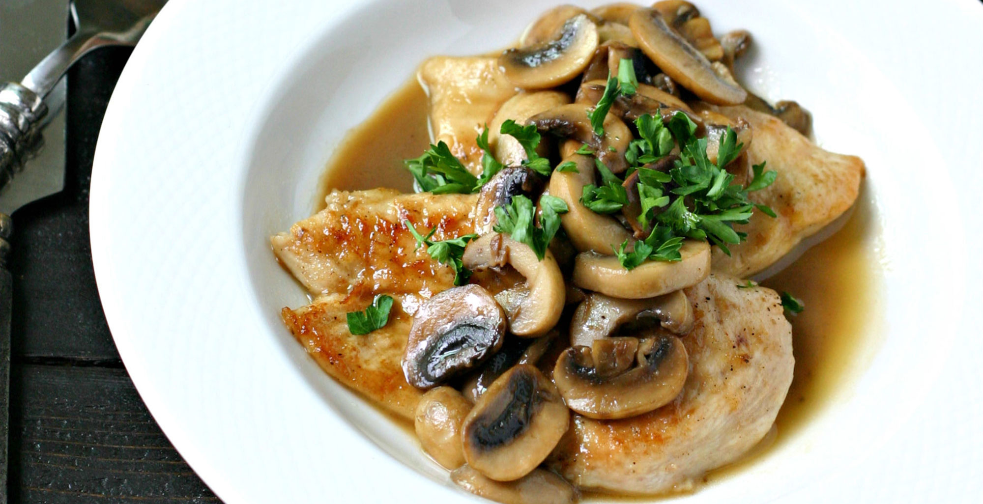 Image of prepared Gluten Free Chicken Marsala made with cassava flour, chicken, mushrooms, Marsala wine and Pacific Foods® Organic Chicken Stock.