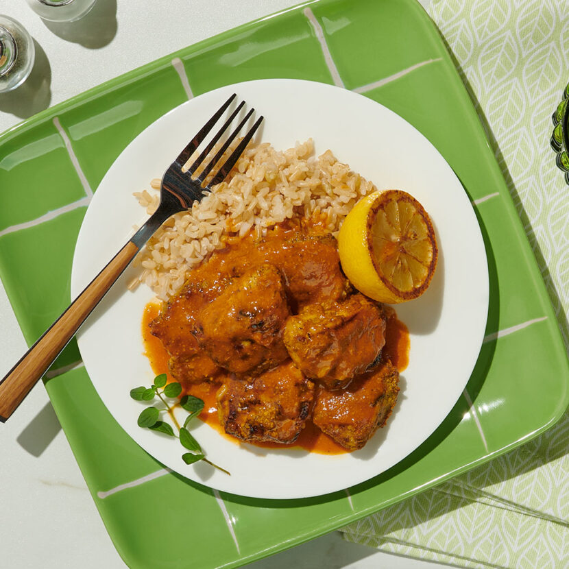 An image of prepared Instant Pot® Indian Butter Chicken made with chicken thighs, Greek yogurt, garam masala and Pacific Foods® Organic Creamy Tomato Soup.
