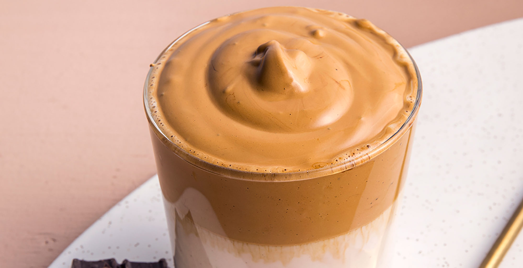 An image of prepared Irish Dalgona Coffee made with instant coffee powder, whiskey, Irish cream liqueur, Pacific Foods® Hemp Vanilla Beverage and chocolate.