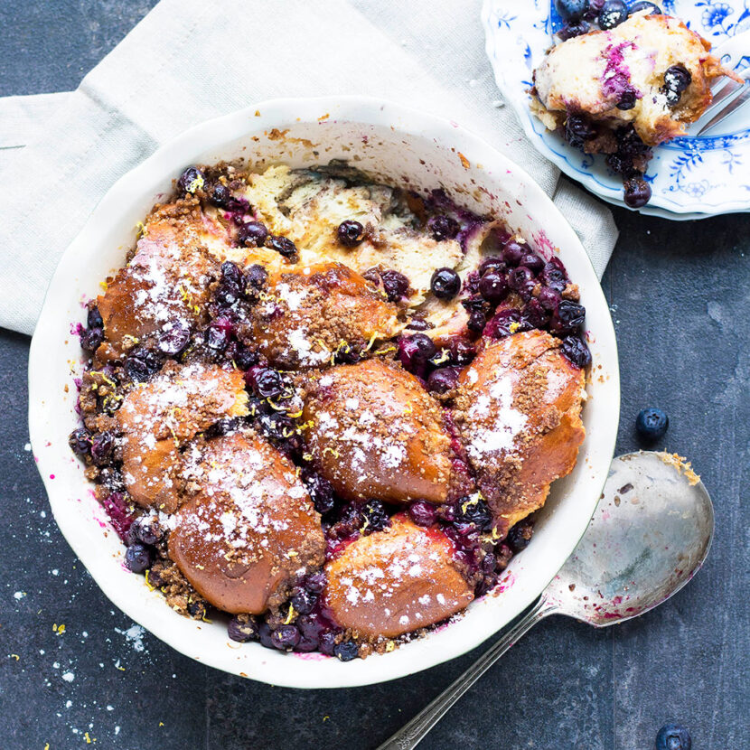 An image of prepared Lemon Blueberry Baked French Toast made with challah bread, blueberries, eggs, Pacific Foods® Organic Almond Original Beverage, cinnamon and maple syrup.