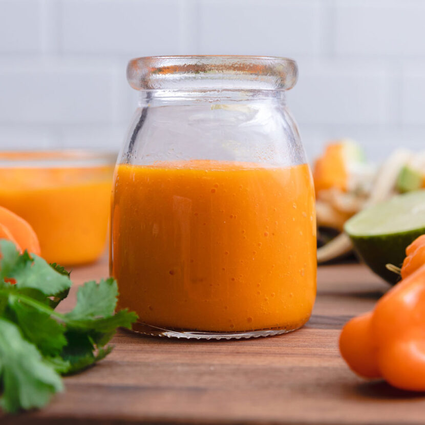 An image of prepared Mango-Habanero Hot Sauce made with carrot, habanero, mango and Pacific Foods® Organic Unsweetened Almond Original Beverage.