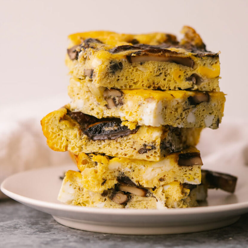 An image of prepared Mushroom and Feta Breakfast Casserole made with mushrooms, eggs, feta and Pacific Foods® Organic Cream Of Mushroom Condensed Soup.