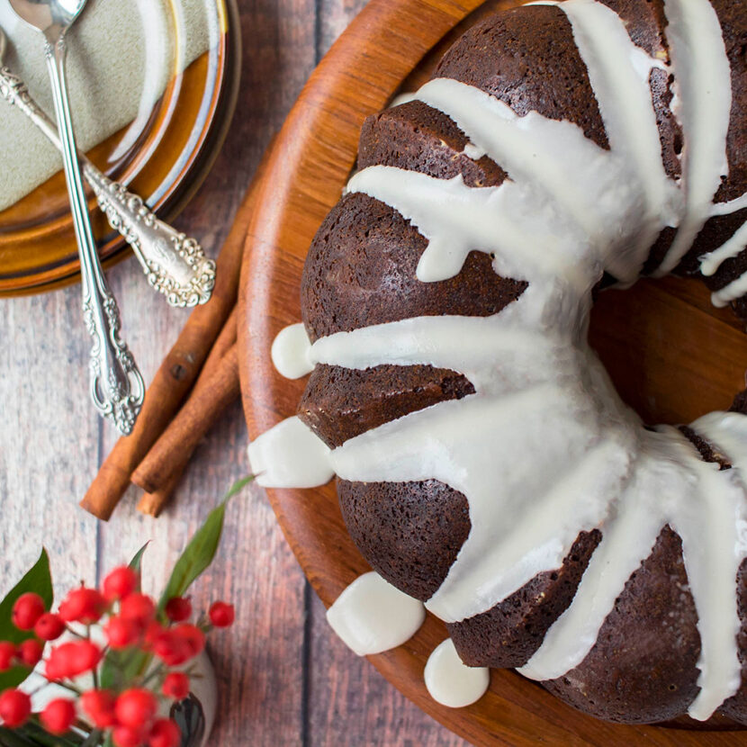 An image of prepared Non-Dairy Gingerbread Bundt Cake with Coconut Glaze made with Pacific Foods® Organic Coconut Original Beverage, flour, cinnamon, ginger, allspice, cloves, vanilla, molasses and maple syrup.