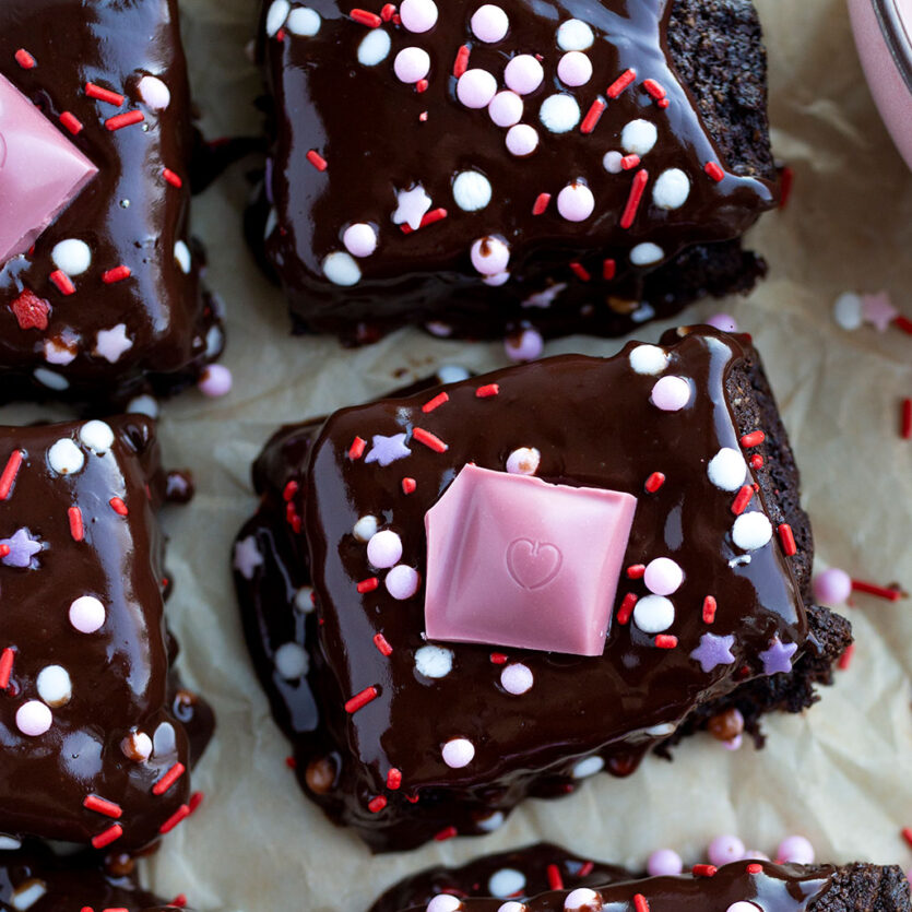 An image of prepared Plant-Based Brownies with Chocolate Almond Ganache made with Pacific Foods® Almond Vanilla Beverage and chocolate chips.