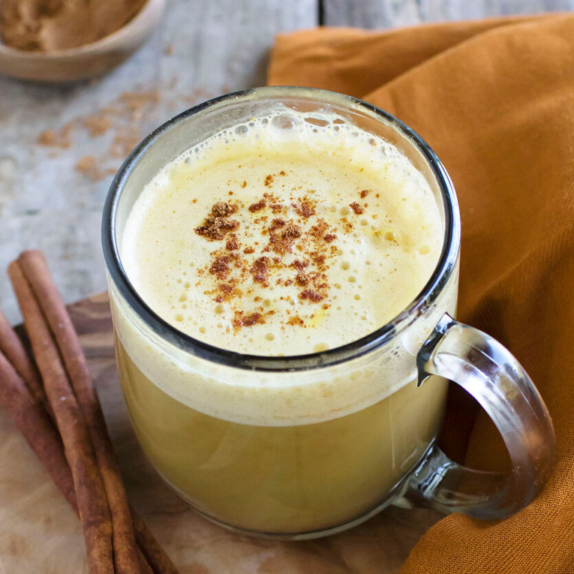 An image of prepared Pumpkin 'Nice' Latte made with Pacific Foods® Organic Oat Original Plant-Based Beverage, pumpkin puree, maple syrup, vanilla and coffee.