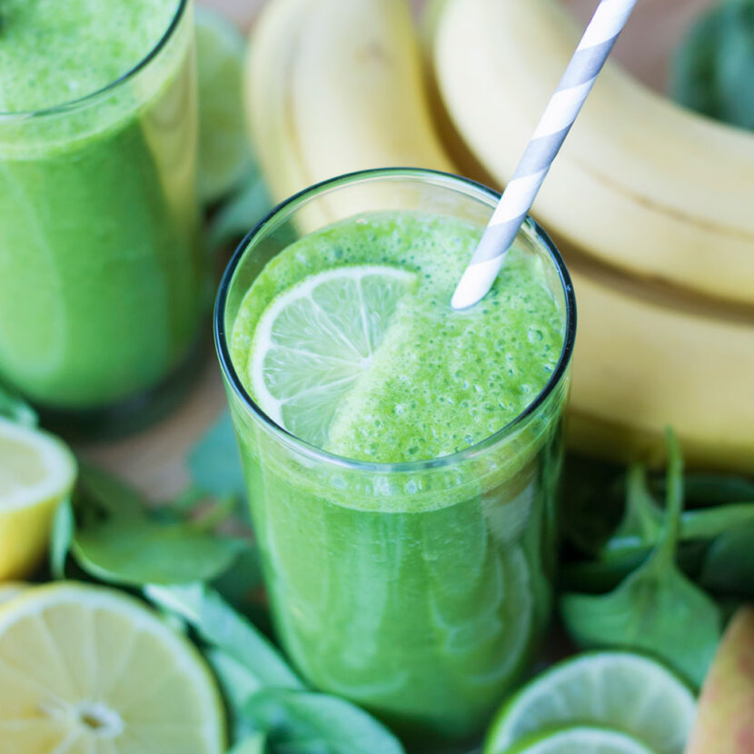 An image of prepared Sweet Green Smoothies made with banana, spinach, Pacific Foods® Organic Coconut Original Beverage, apple and lime or lemon juice.