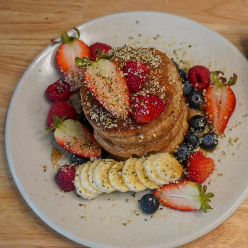 An image of prepared Hemp Milk Soufflé Pancakes made with Pacific Foods® Hemp Original Beverage, flaxseed, flour and cinnamon.
