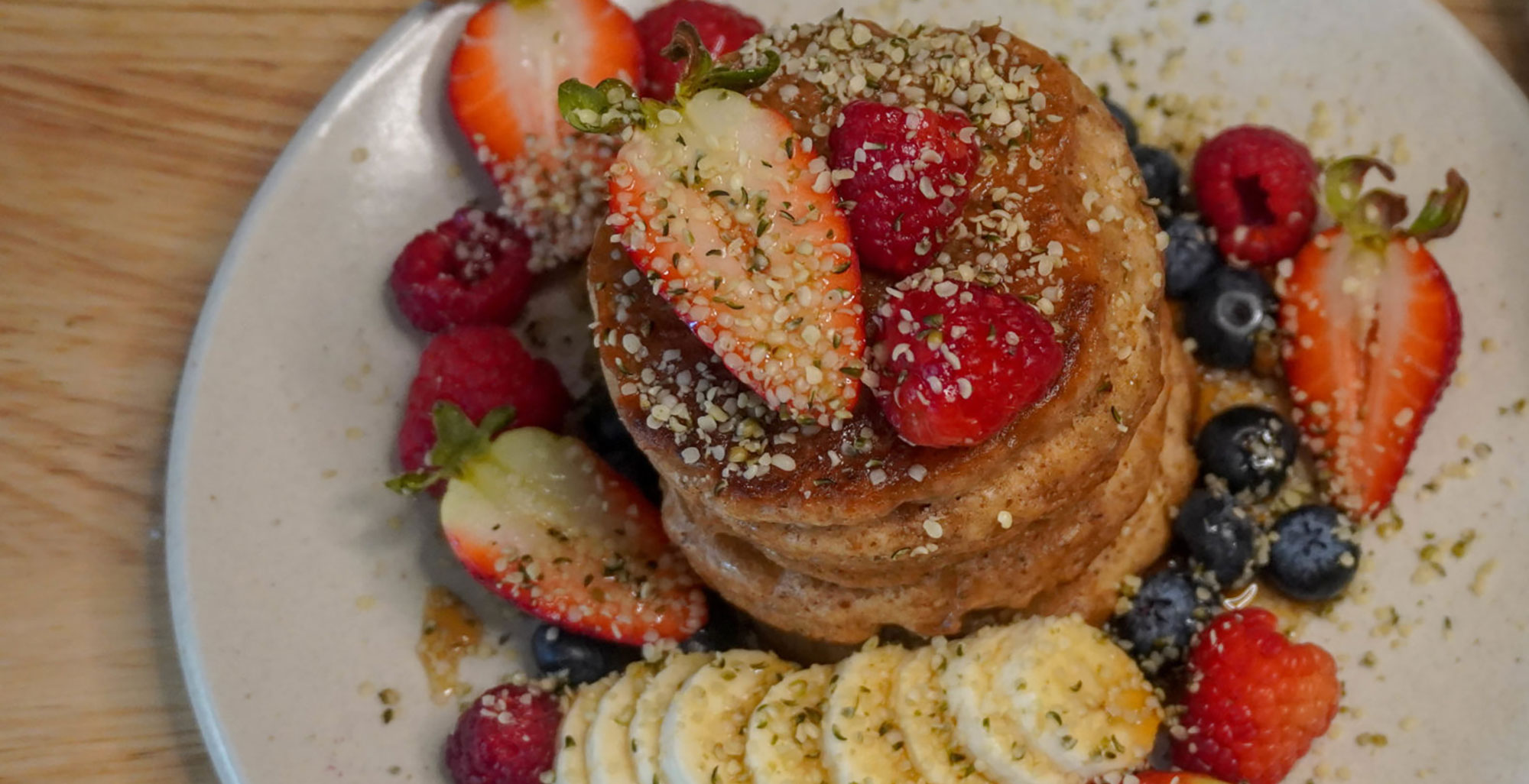 An image of prepared Hemp Milk Soufflé Pancakes made with Pacific Foods® Hemp Original Beverage, flaxseed, flour and cinnamon.