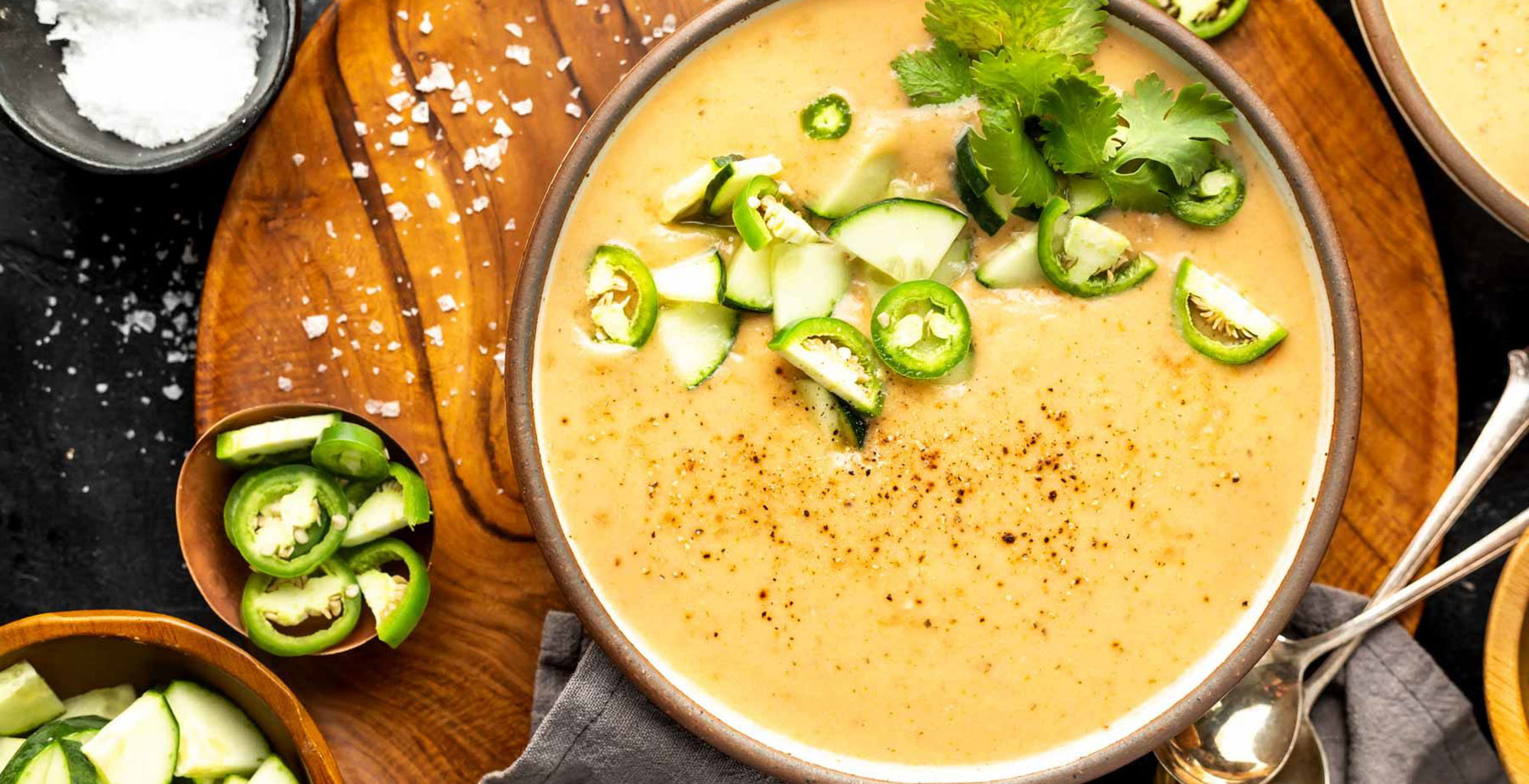 An image of prepared Roasted Vegetable Gazpacho made with tomatoes, zucchini, Pacific Foods® Organic Salted Chicken Bone Broth, cucumber and jalapeño.