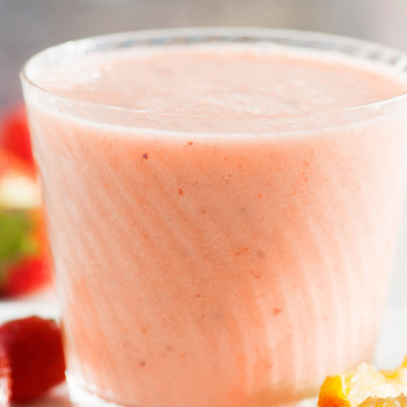 An image of prepared Strawberry Peach Mango Smoothie made with mango, peaches, strawberries and Pacific Foods® Hemp Original Beverage.