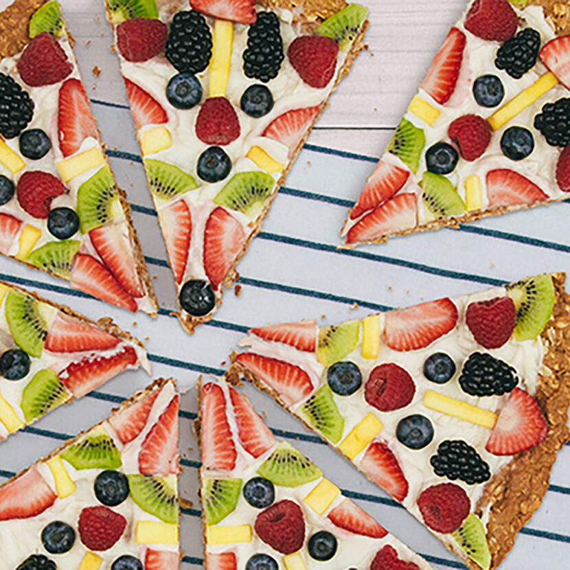 An image of prepared Fruit Pizza made with oats, Pacific Foods® Organic Oat Original Beverage, cream cheese and mixed berries.