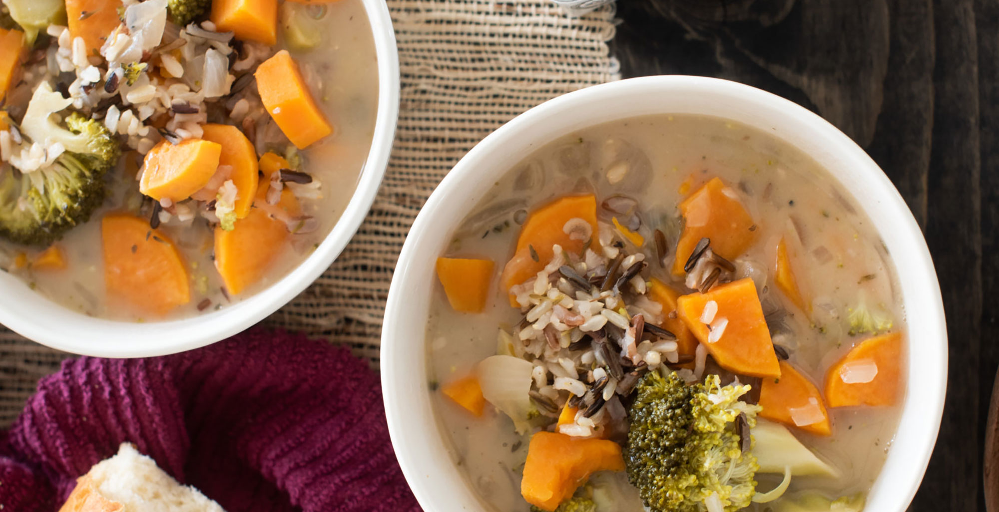 An image of prepared Autumn Broccoli Potato Soup made with Pacific Foods™ Organic Low Sodium Vegetable Broth, sweet potato, broccoli, wild rice and Pacific Foods® Hemp Unsweetened Original Beverage.