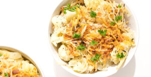 An image of prepared Creamy Cauliflower Bake made with Pacific Foods® Organic Cream of Chicken Condensed Soup, Pacific Foods® Organic Free Range Chicken Broth, cauliflower and milk.