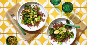 An image of prepared Quinoa Masala with Parsnips and Swiss Chard made with Pacific Foods® Organic Low Sodium Vegetable Broth, quinoa, parsnips, onion, ginger, Swiss chard, peas and pumpkin seeds.