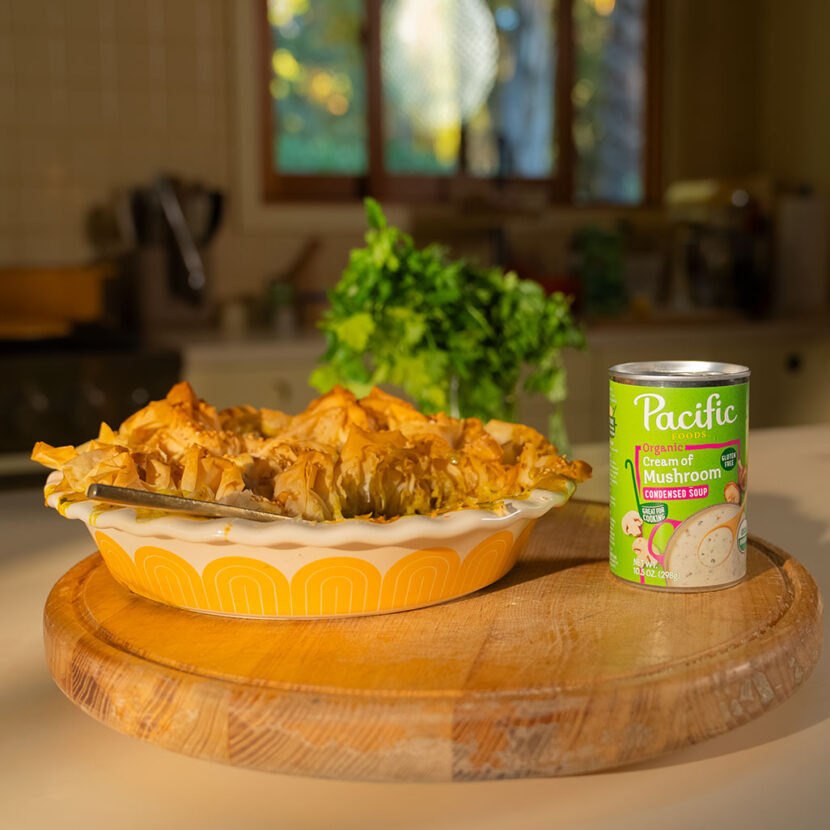 An image of prepared Curried Mushroom Pot Pie made with mushrooms, leeks, Pacific Foods® Organic Chicken Bone Broth, Pacific Foods® Organic Cream of Mushroom Condensed Soup and phyllo dough.
