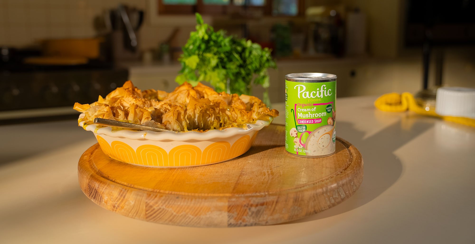 An image of prepared Curried Mushroom Pot Pie made with mushrooms, leeks, Pacific Foods® Organic Chicken Bone Broth, Pacific Foods® Organic Cream of Mushroom Condensed Soup and phyllo dough.