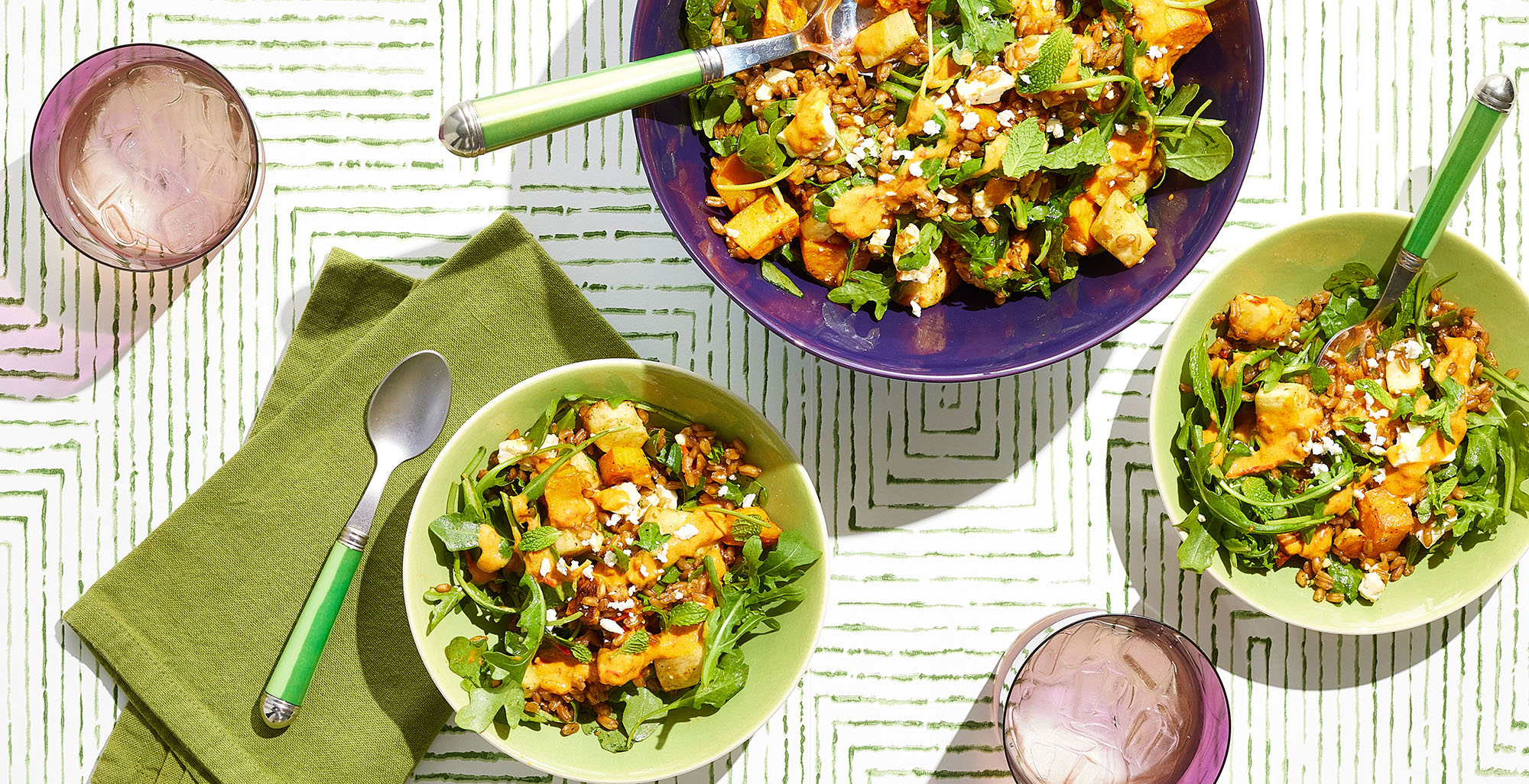 An image of prepared Farro and Roasted Vegetable Bone Broth Bowl made with Pacific Foods® Organic Chicken Bone Broth with Sea Salt, farro, sweet potato, parsnips, baby arugula, feta cheese and mint.