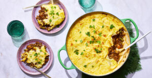 An image of prepared Lentil and Vegetable Shepherd's Pie with Rosemary made with Yukon Gold potatoes, onion, garlic, tomato paste, rosemary, Pacific Foods® Organic Low Sodium Vegetable Broth, lentils and vegetables.