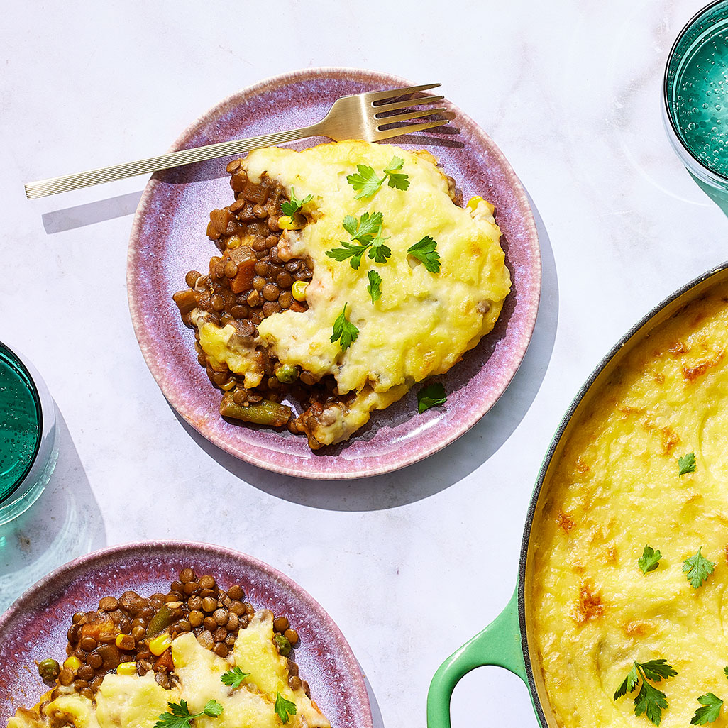 An image of prepared Lentil and Vegetable Shepherd's Pie with Rosemary made with Yukon Gold potatoes, onion, garlic, tomato paste, rosemary, Pacific Foods® Organic Low Sodium Vegetable Broth, lentils and vegetables.