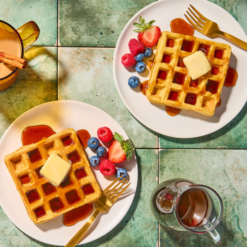An image of prepared Chai Spiced Butternut Squash Waffles made with flour, cardamom, ginger and Pacific Foods® Organic Butternut Squash Soup with Cinnamon and Nutmeg.