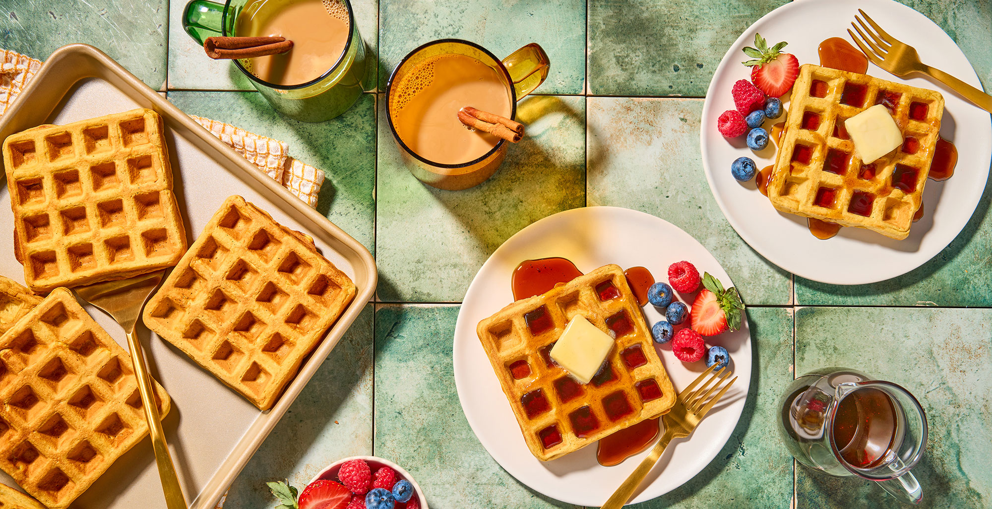 An image of prepared Chai Spiced Butternut Squash Waffles made with flour, cardamom, ginger and Pacific Foods® Organic Butternut Squash Soup with Cinnamon and Nutmeg.