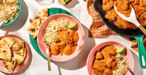 An image of prepared Chicken Tikka Masala made with basmati rice, chicken, ginger, Pacific Foods® Organic Condensed Tomato Soup and yogurt.