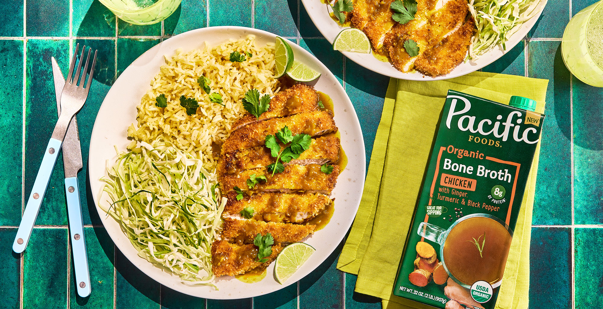 An image of prepared Coconut Chicken Katsu Curry made with garlic, curry, Pacific Foods® Organic Chicken Bone Broth with Ginger, Turmeric, and black pepper, coconut milk, mango chutney and chicken.